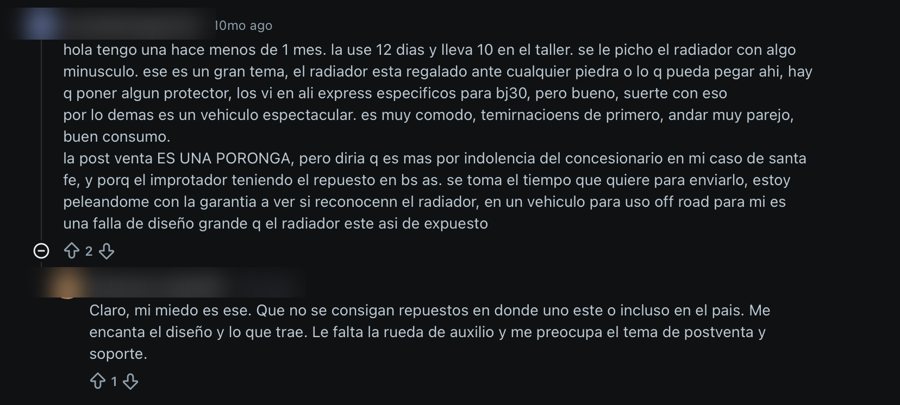 Conversación pública en Reddit entre dos dueños de BAIC BJ30 sobre el radiador expuesto, la falta de rueda de auxilio y la mala postventa